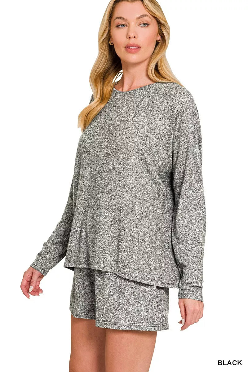Zenana Soft Melange Long Sleeve Tee and Shorts Set