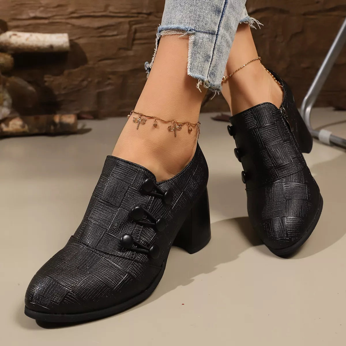 Woven Texture Button Decor Pumps