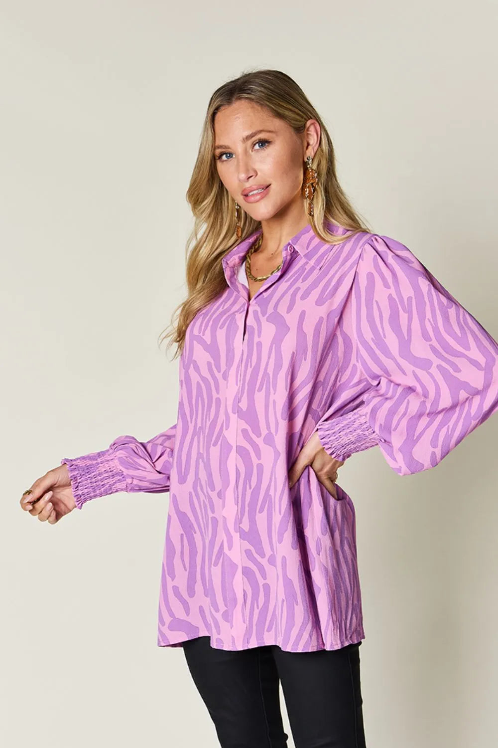Double Take Full Size Printed Smocked Long Sleeve Blouse Plus Size