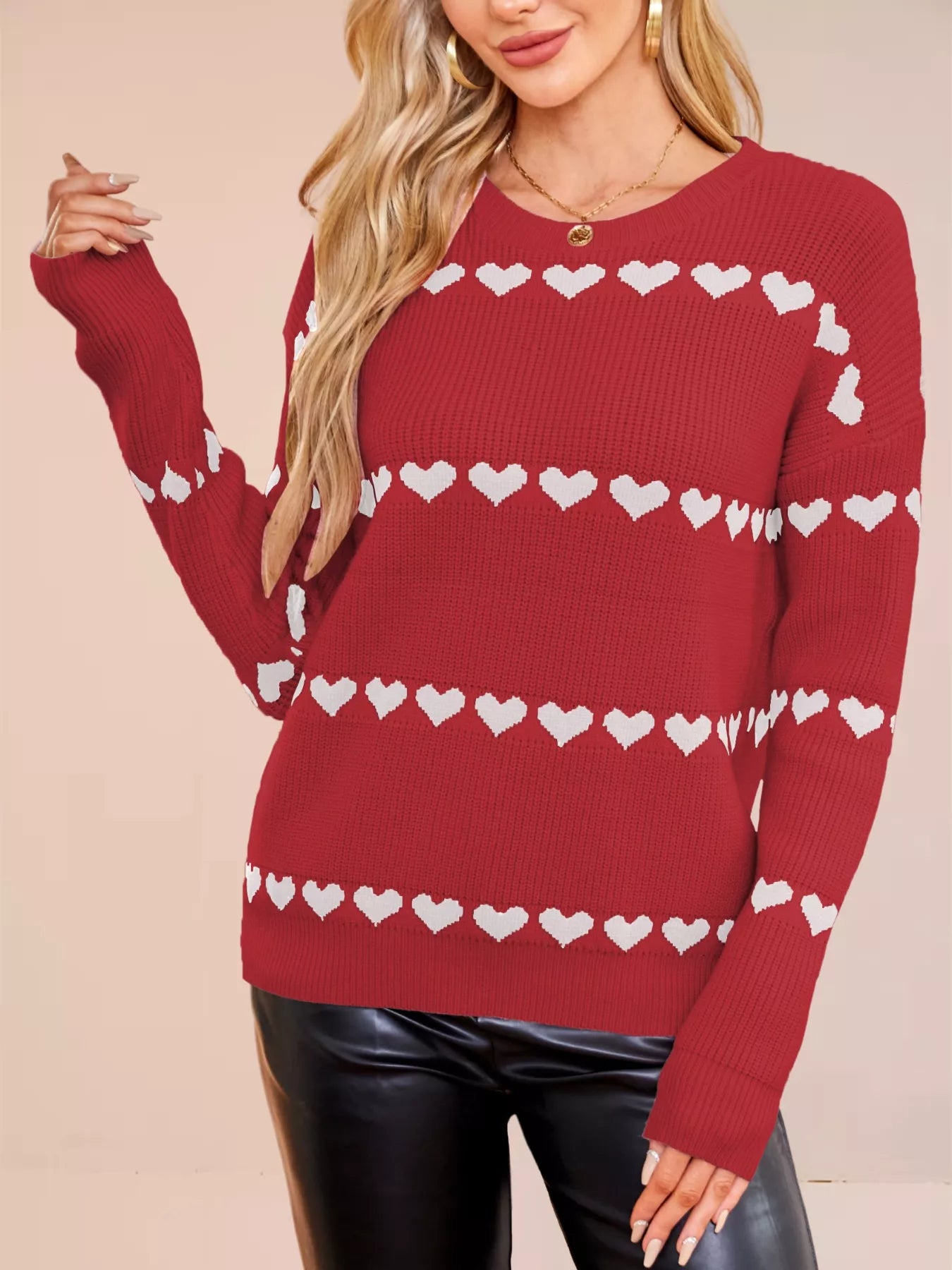 Heart Pattern Dropped Shoulder Sweater