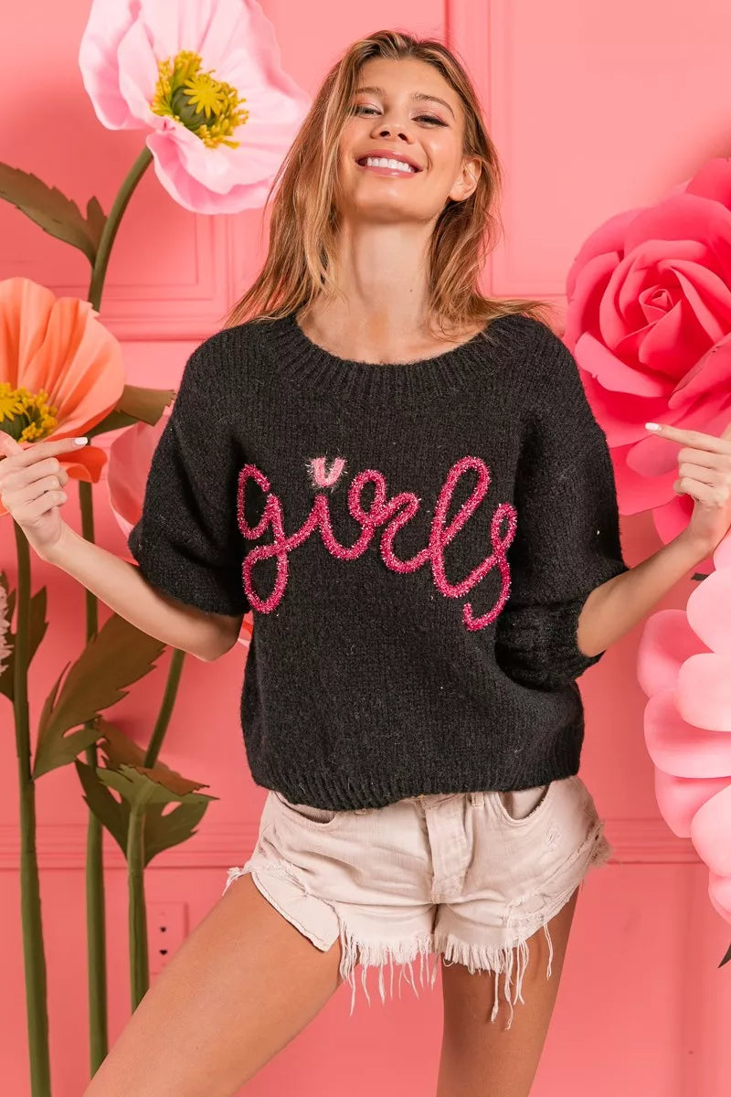 BiBi Metallic Letter Short Puff Sleeve Hairy Sweater