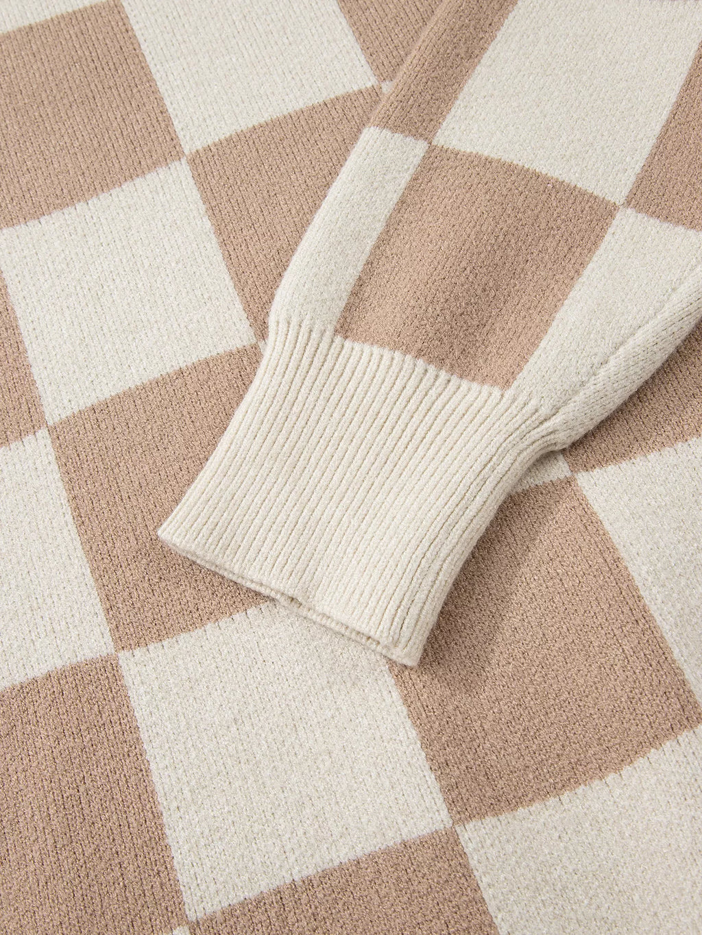 Checkered Pattern Ribbed Trim Knit Baggy Sweater