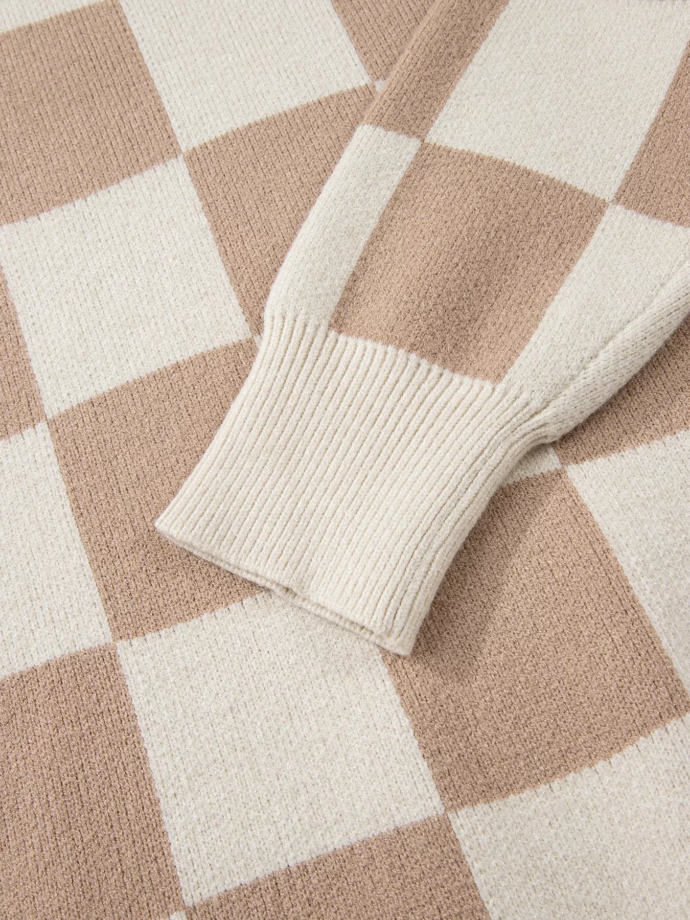 Checkered Pattern Ribbed Trim Knit Baggy Sweater