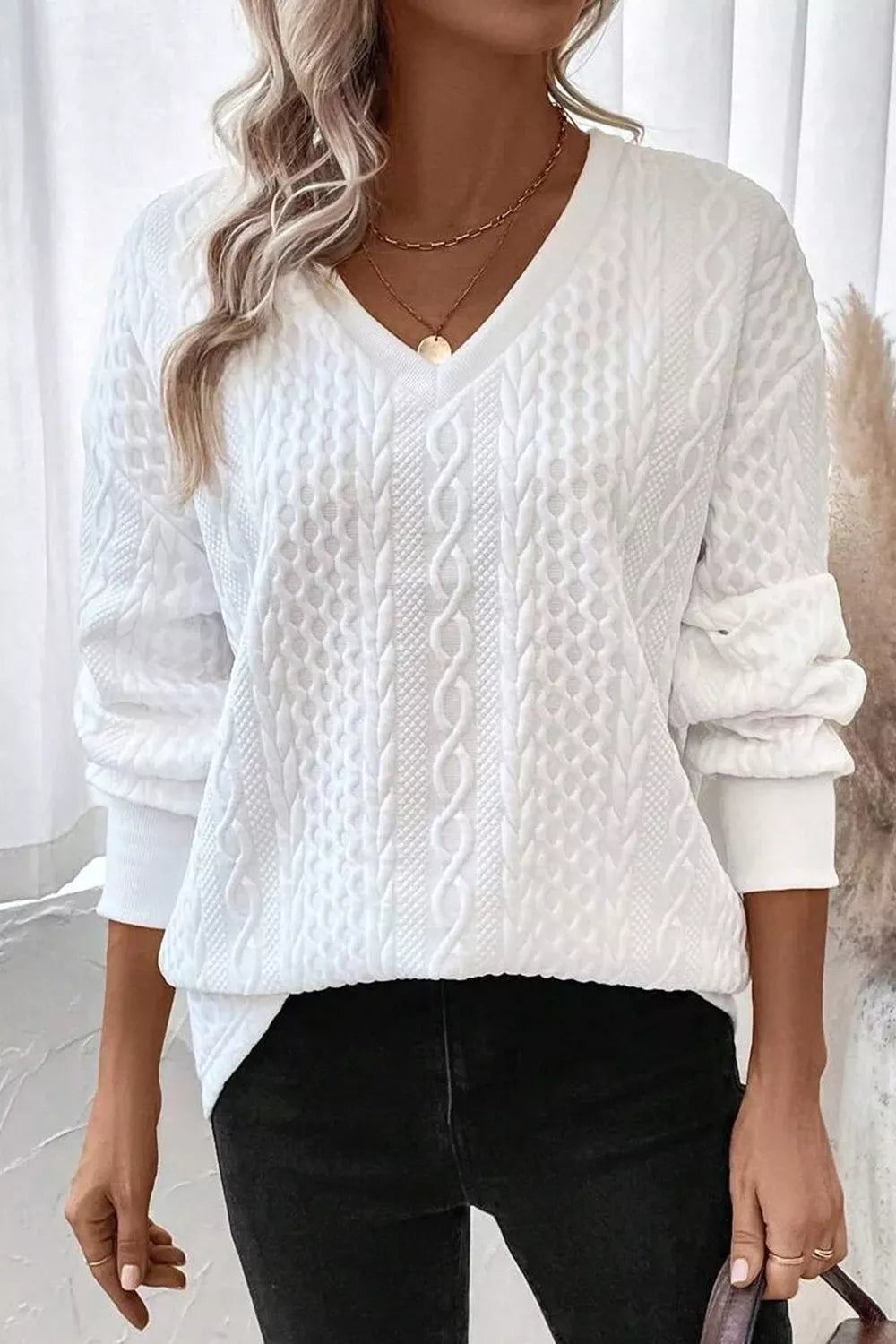 Solid Color Textured V Neck Drop Shoulder Knit Top
