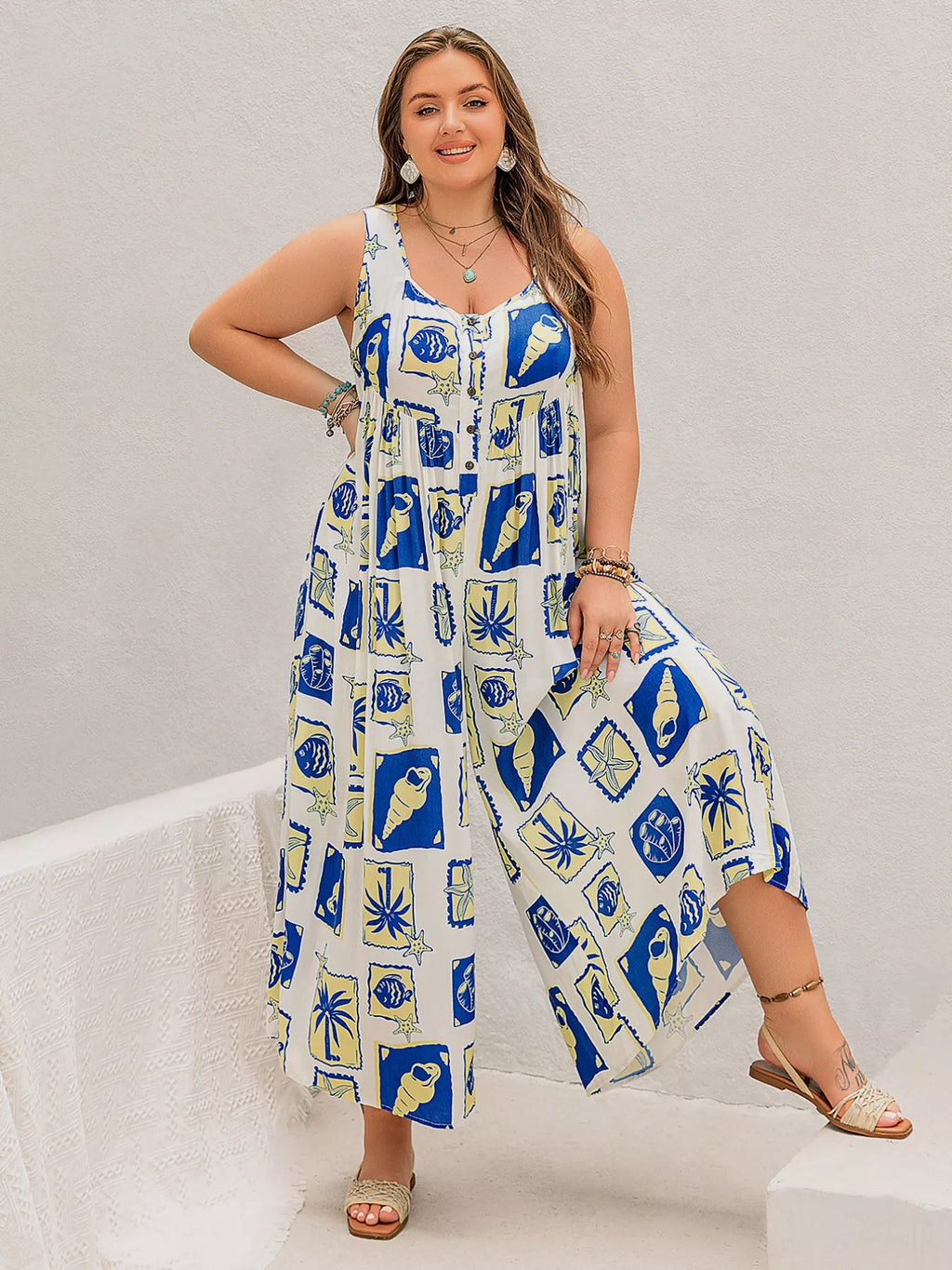 Plus Size Nautical Print Sleeveless Jumpsuit