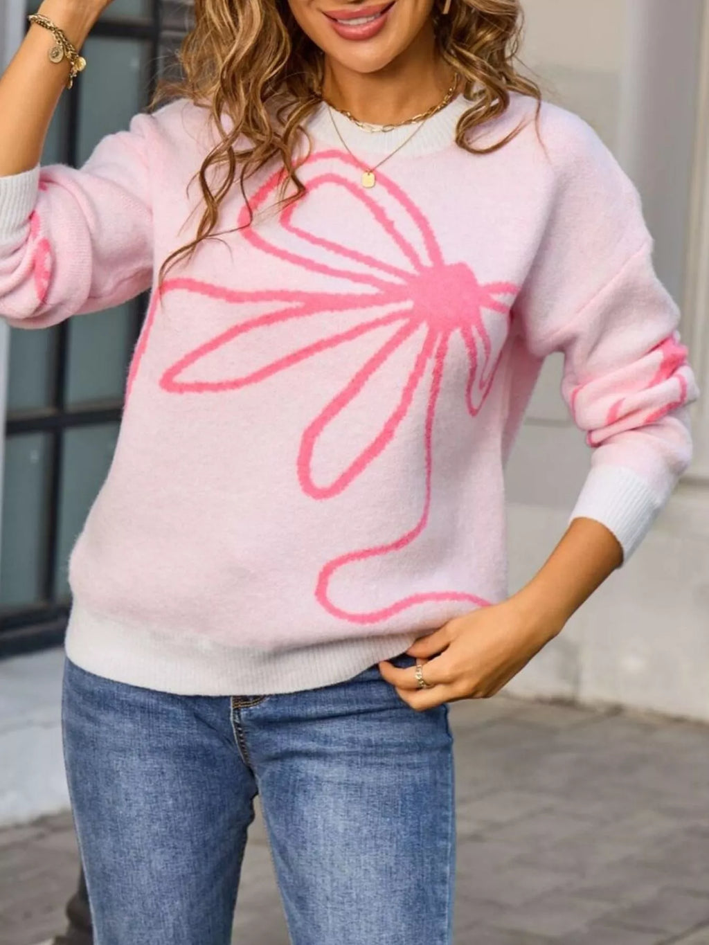 Floral Crew Neck Long Sleeve Sweater