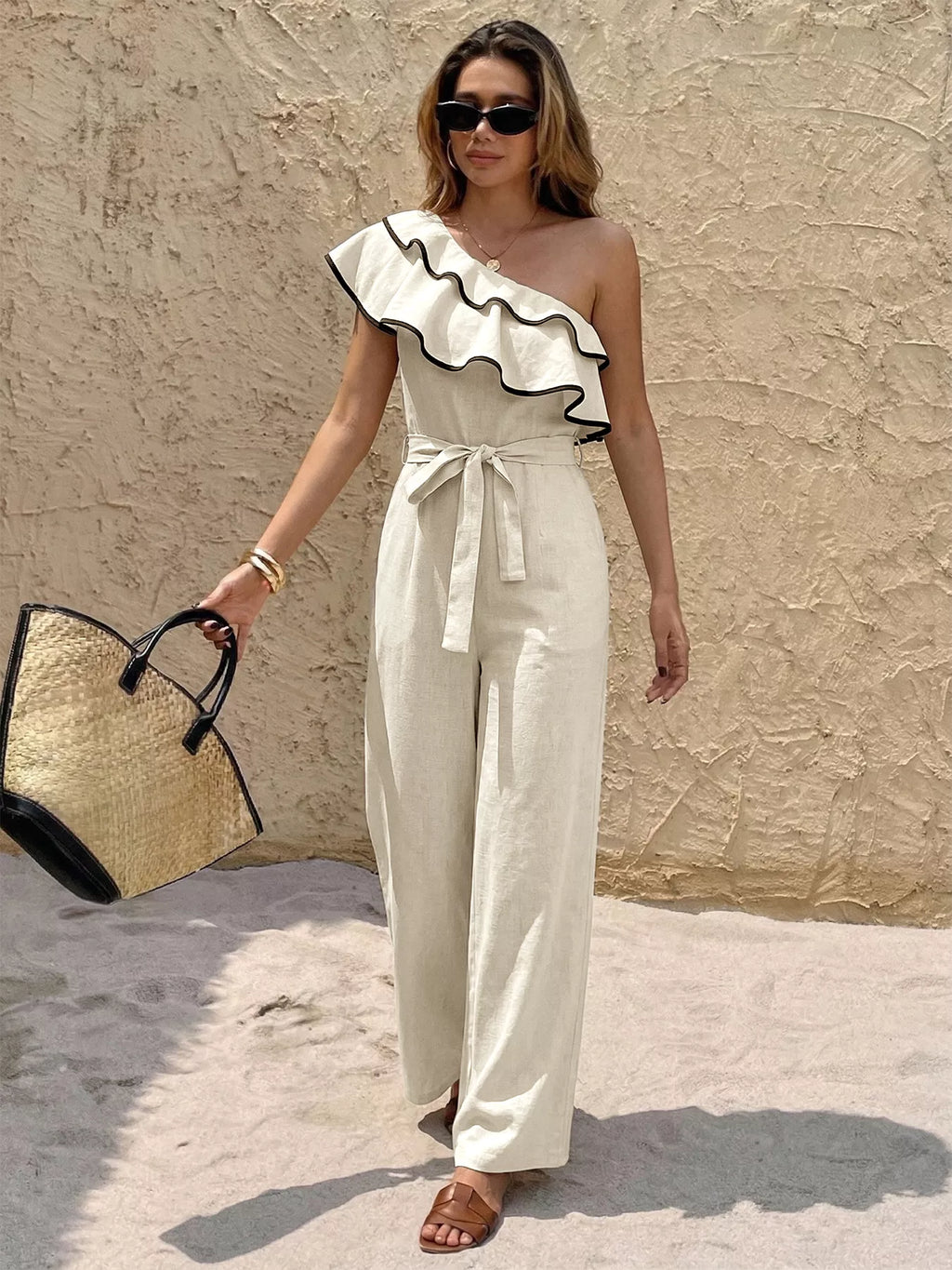 Ruffle One-Shoulder Wide Leg Jumpsuit