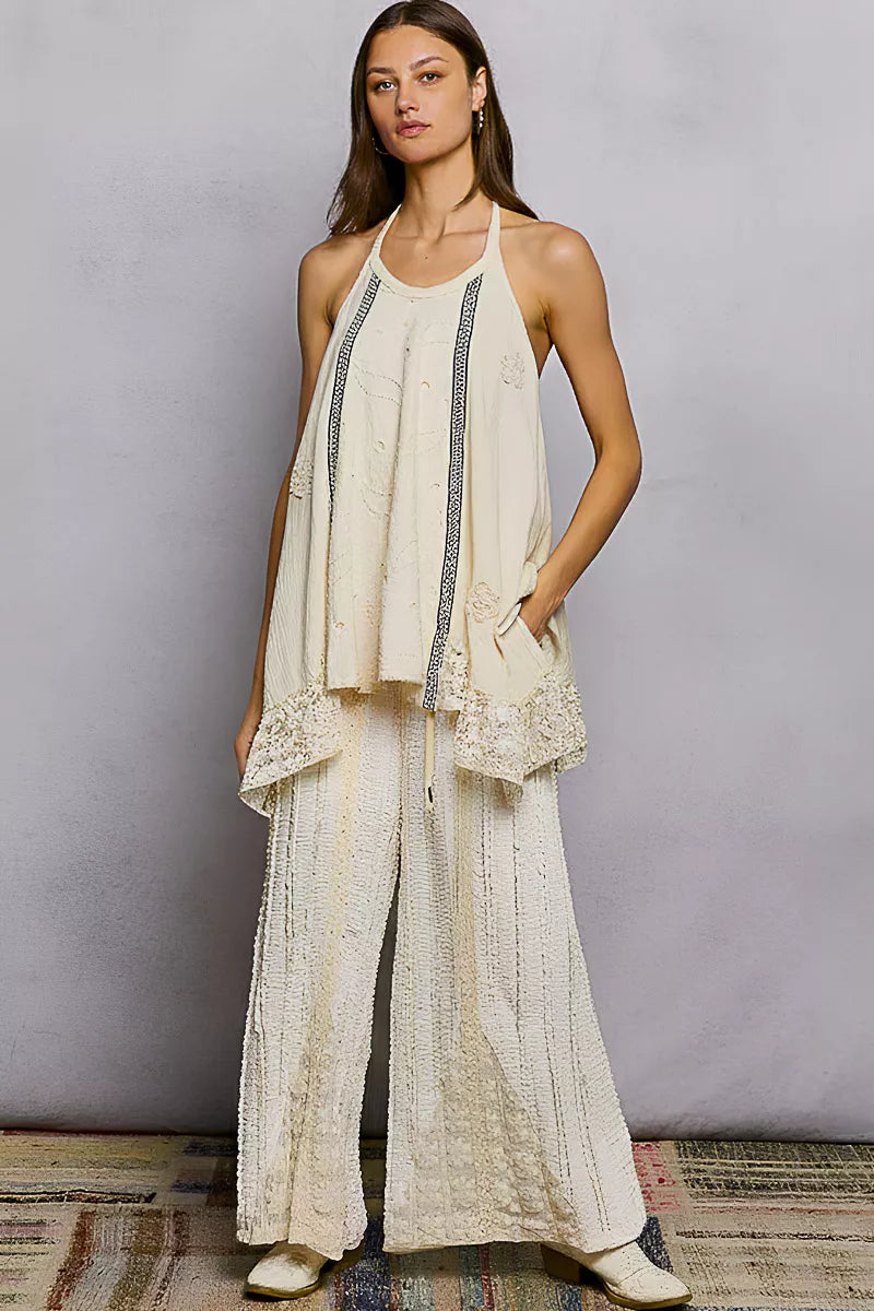 POL Lace Ruffle Halter Neck Double Gauze Top with Crochet Patch