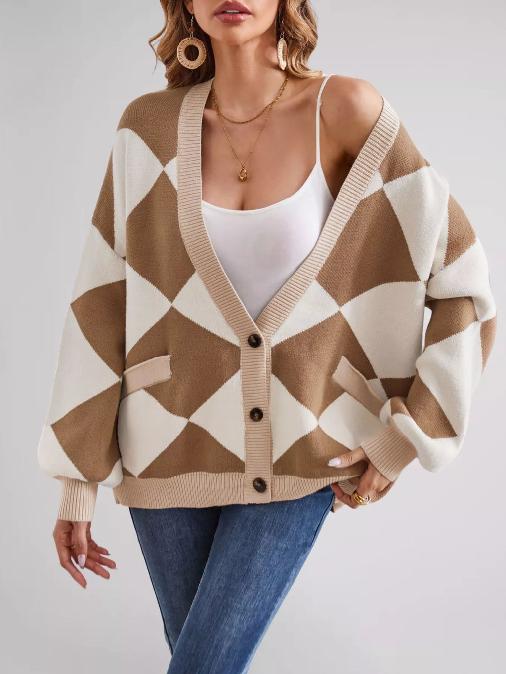 Diamond Pattern Button-Up Knit Cardigan