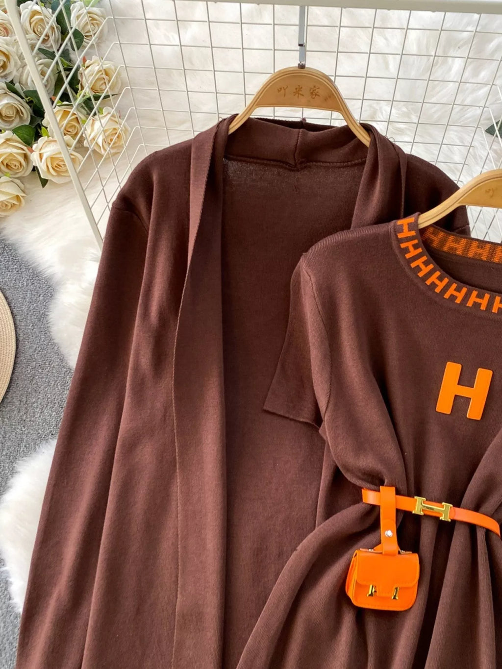 Round Neck Knitted Dress & Cardigan Set