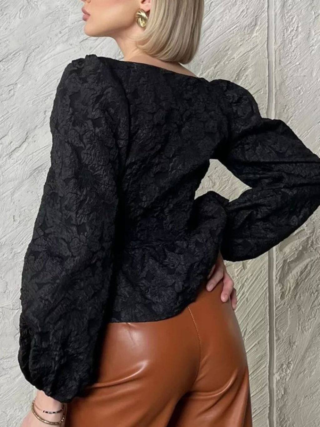 Textured Square Neck Balloon Sleeve Shirt