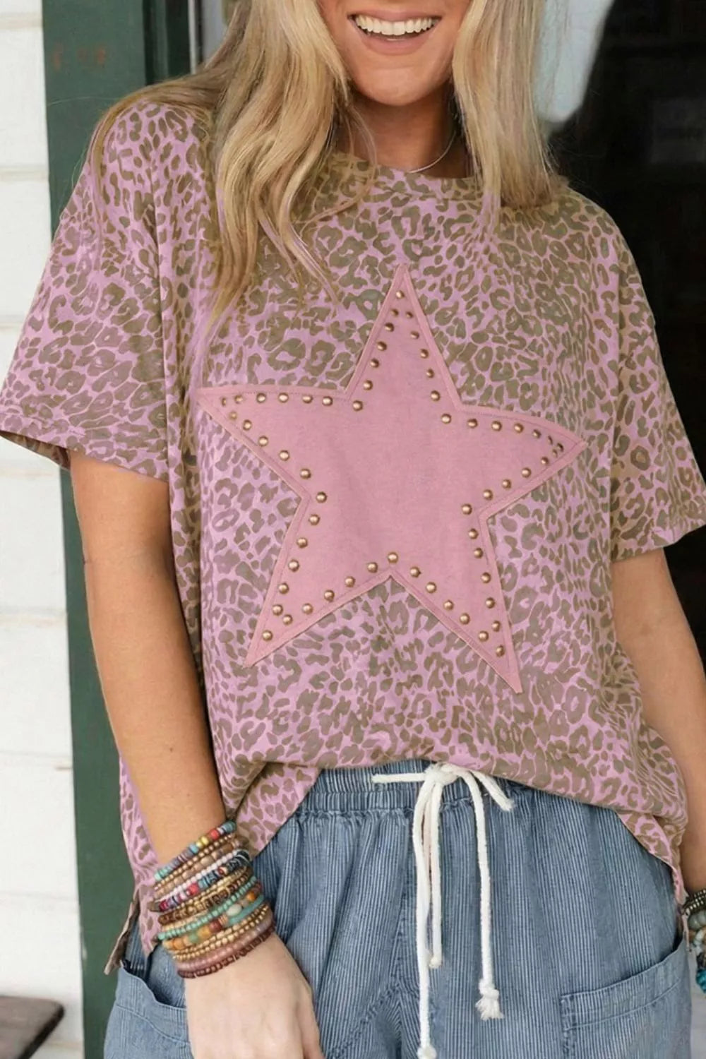 Leopard Print Star Studded T-Shirt