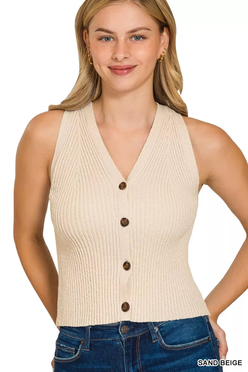 Zenana Ribbed Knit Button-Down Sweater Vest