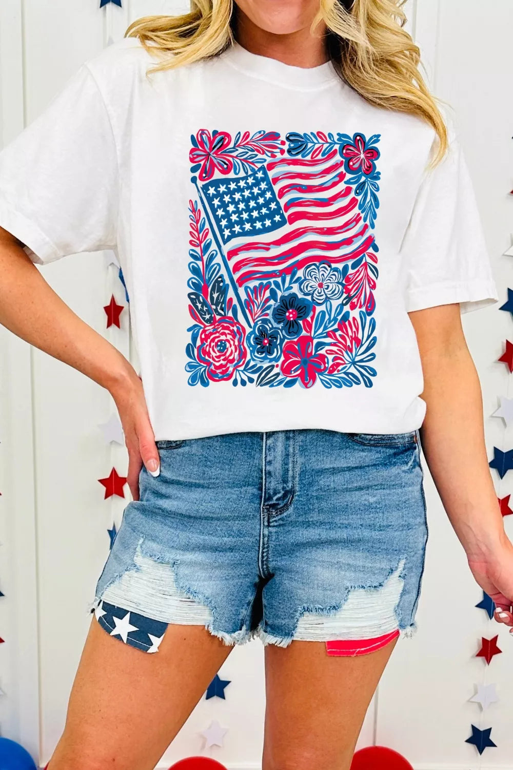 Floral Flag Aesthetics Patriotic Graphic T Shirt