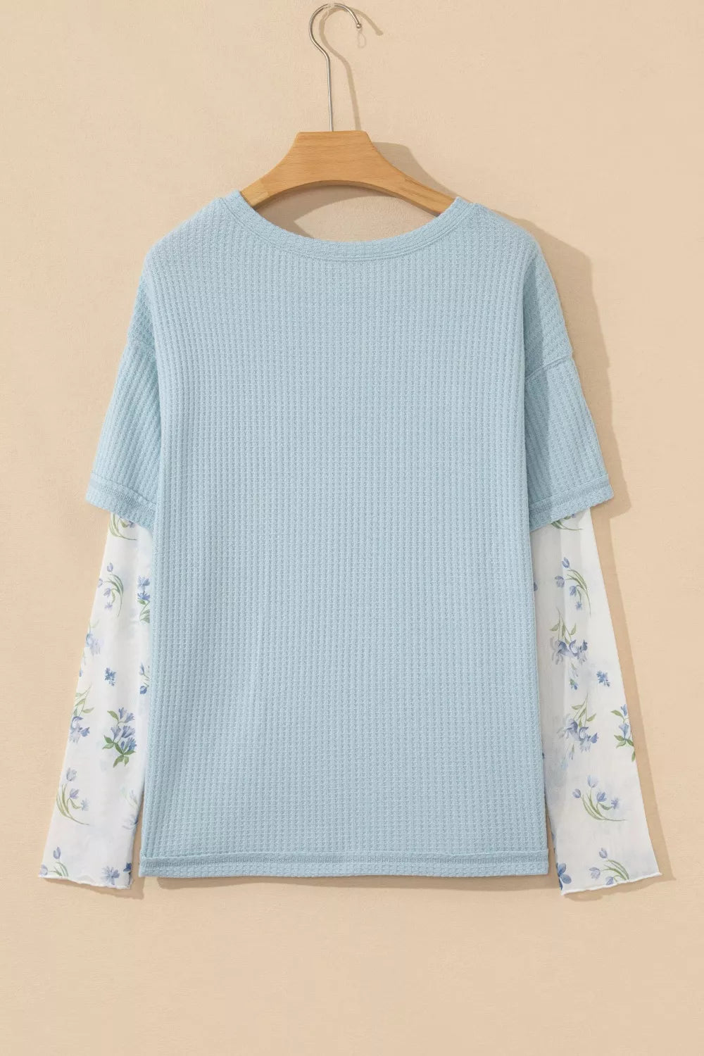 Floral Lace Sleeve Patchwork Waffle Fake Two-Piece Top