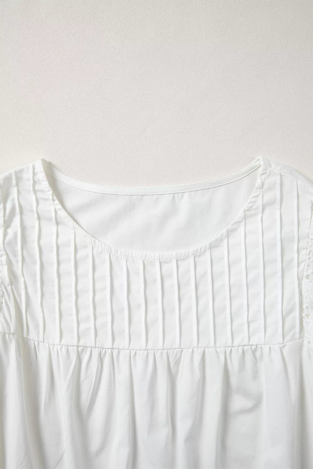 Lace Detail Flutter Sleeve Pleated Round Neck Blouse