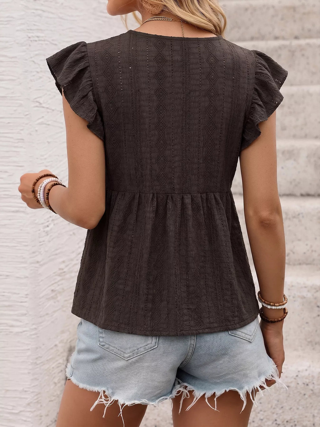 Lace Detail Ruffle Sleeve V-Neck Blouse