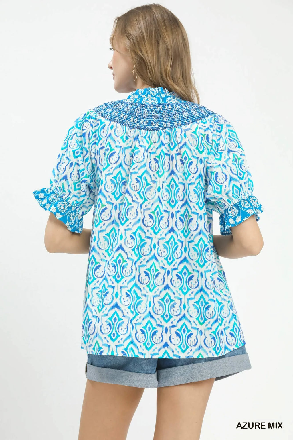 Umgee Mix Boho Puff Sleeve Smocked Top