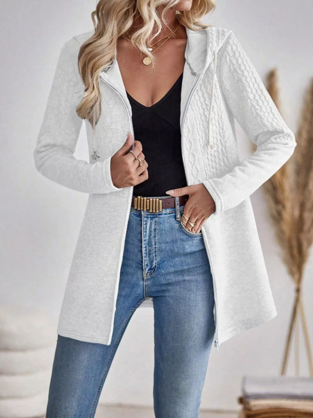 Drawstring Textured Zip Up Drawstring Hooded Jacket