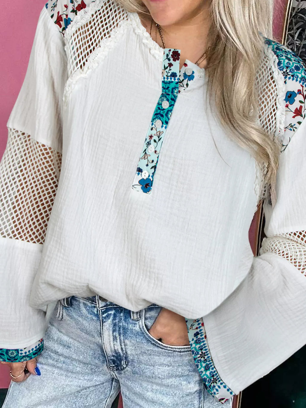 Mesh Patched Color Block Half Button Blouse