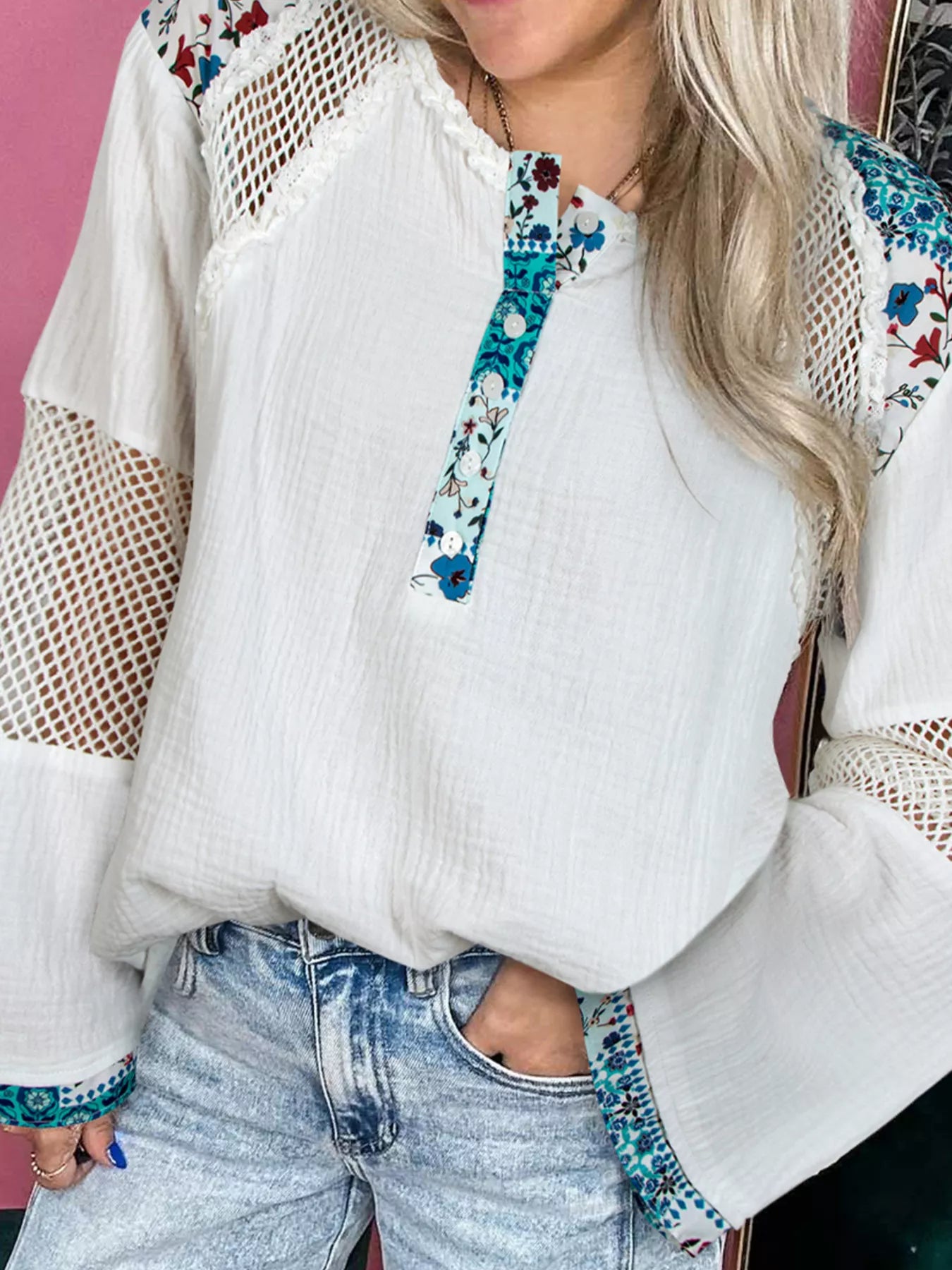 Mesh Patched Color Block Half Button Blouse