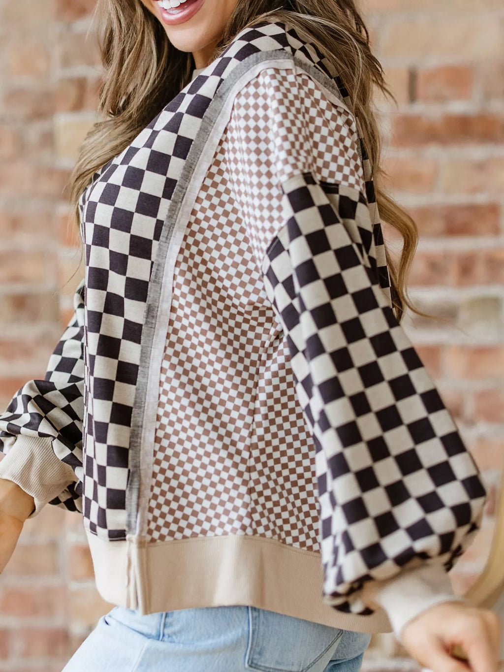 Mixed Checkered Pattern Patchwork High Low Casual Top