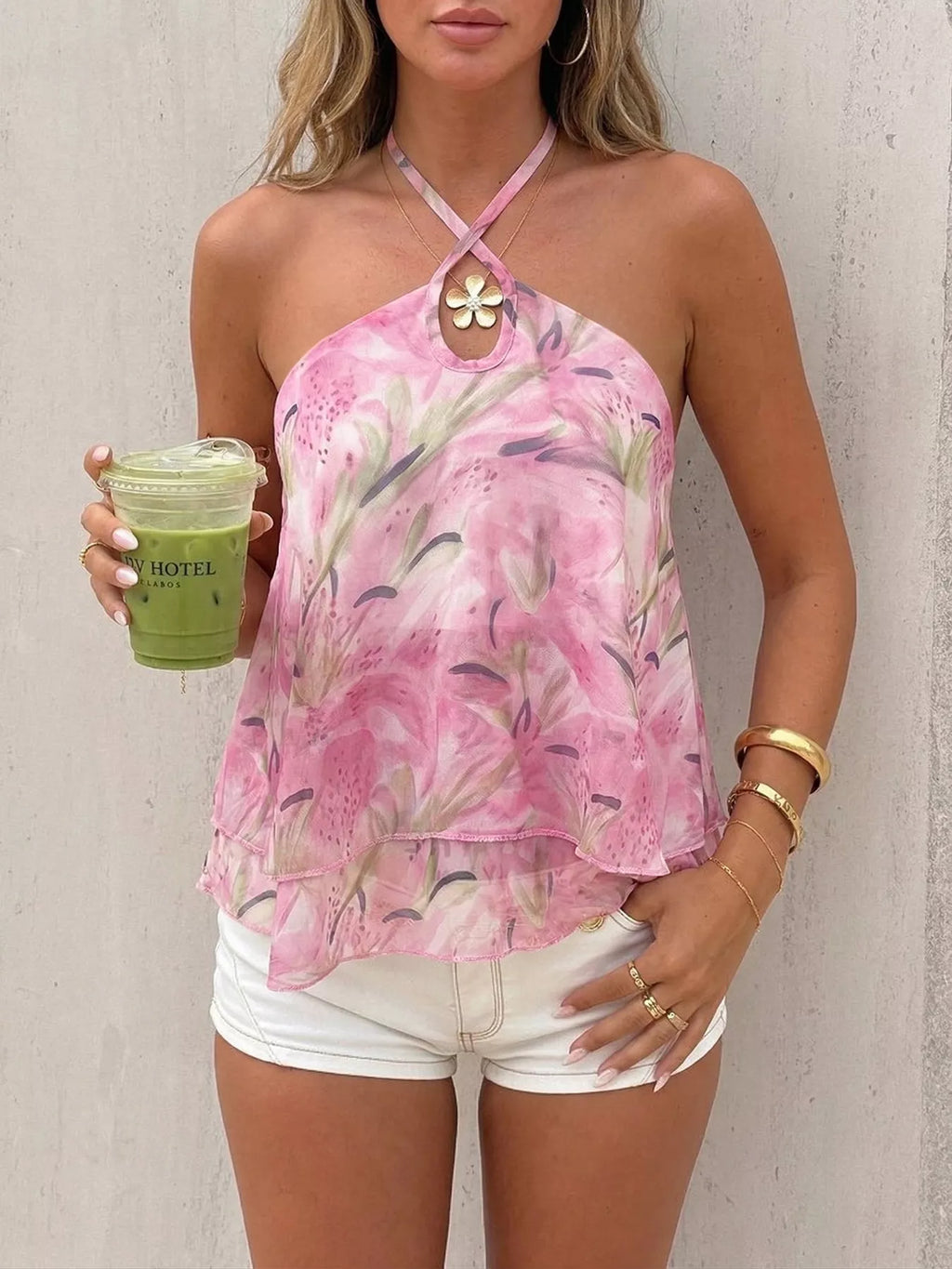 Floral Print Halter Neck Flowy Cami