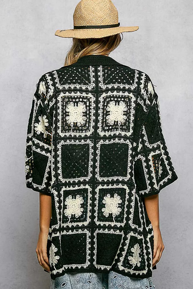 POL Button Down Openwork Floral Crochet Shirt with Granny Square Pattern