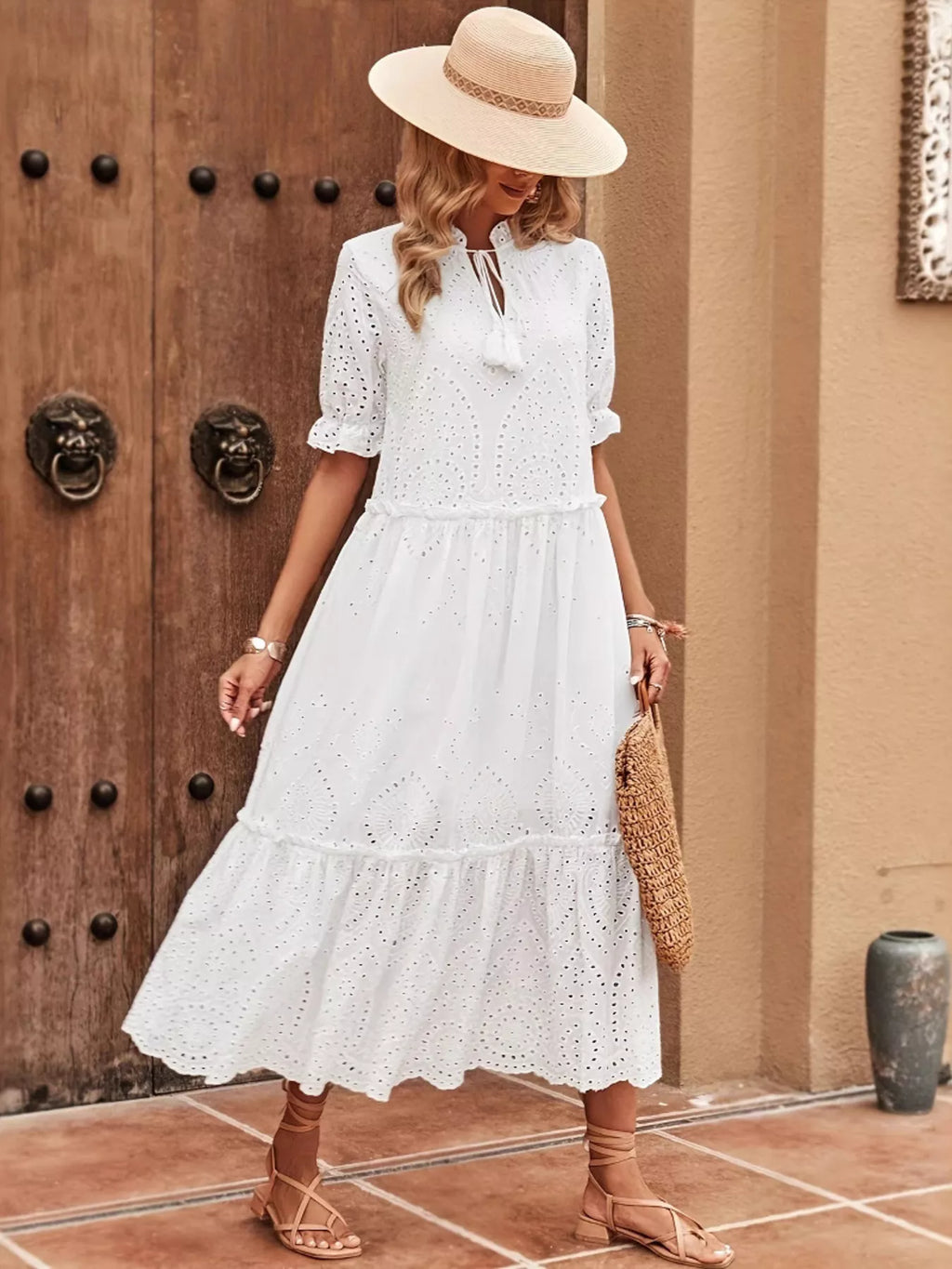 Eyelet Tie Neck Half Sleeve Midi Dress