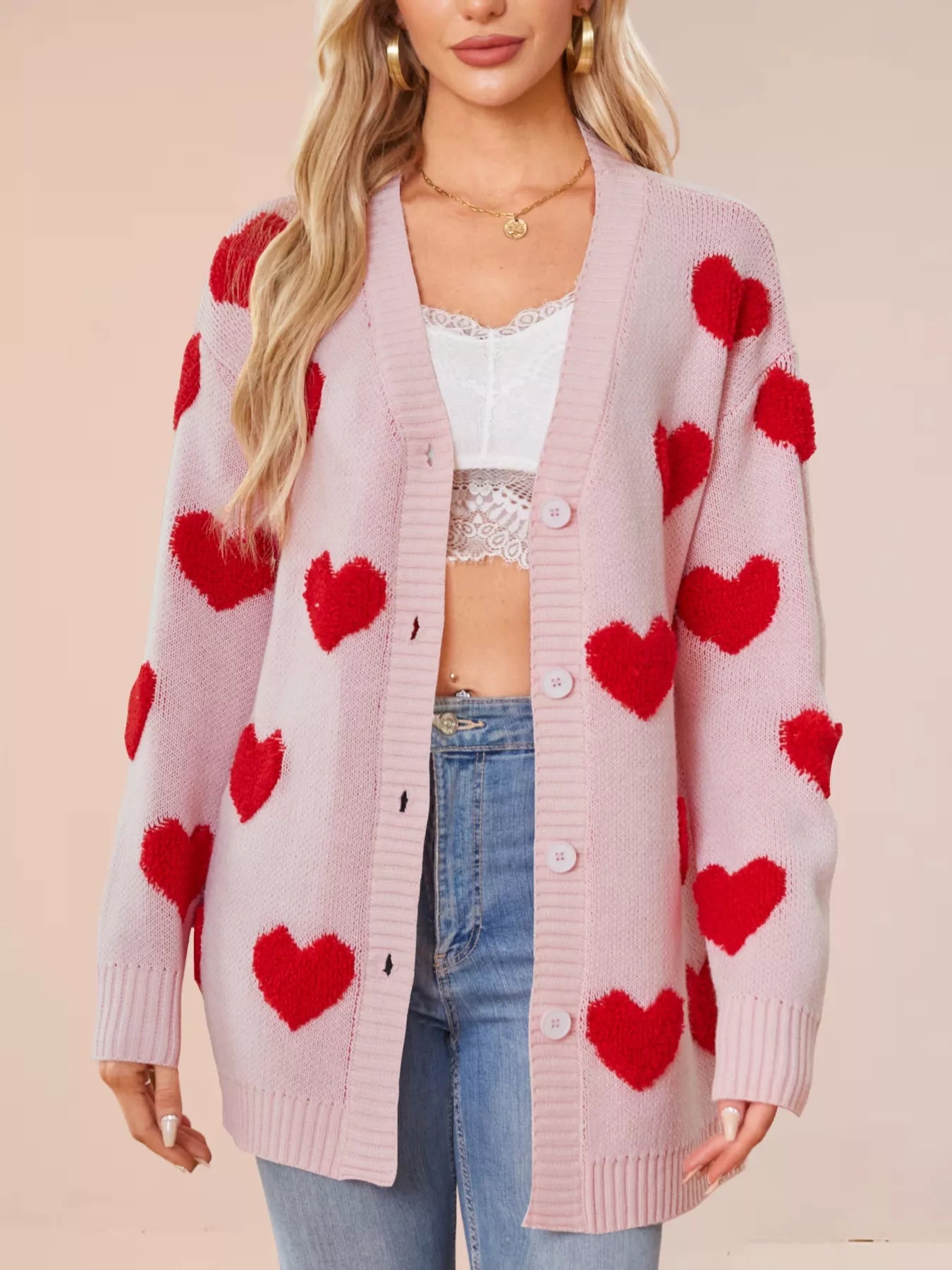 Heart Pattern Knit Button-Up Cardigan