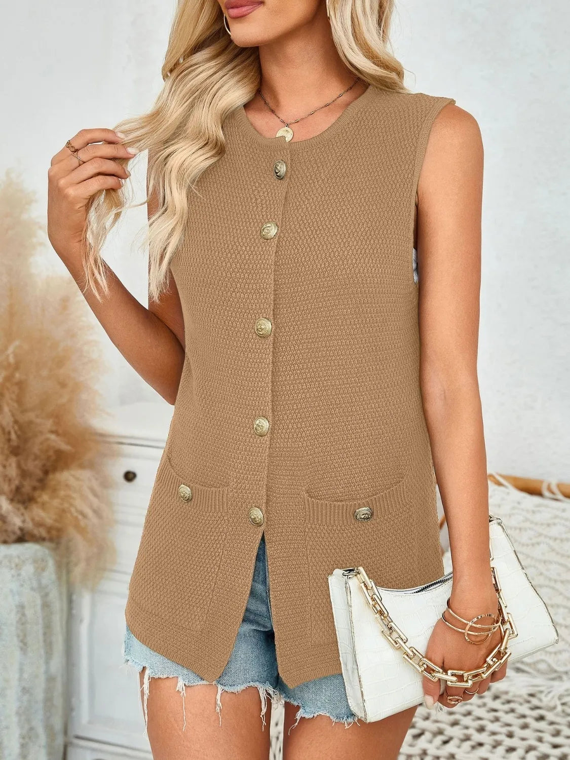 Button Down Round Neck Knit Vest