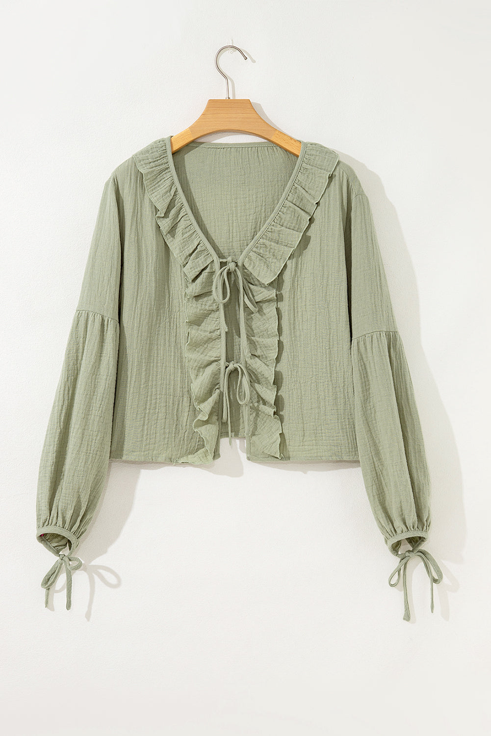 Solid Tie Front V-Neck Ruffle Trim Blouse