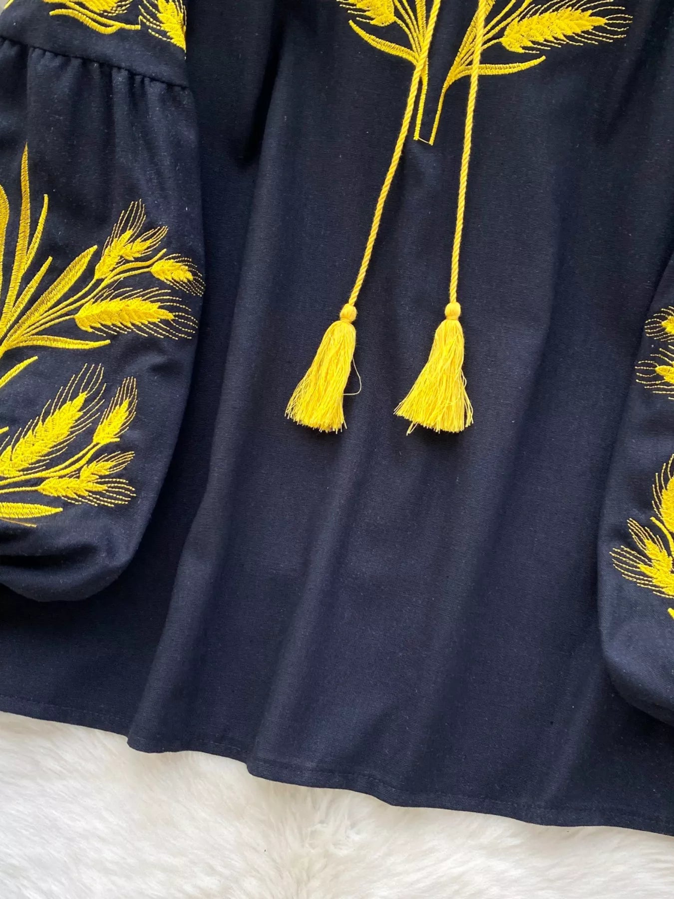 Embroidered Wheat Pattern Tie Neck Blouse