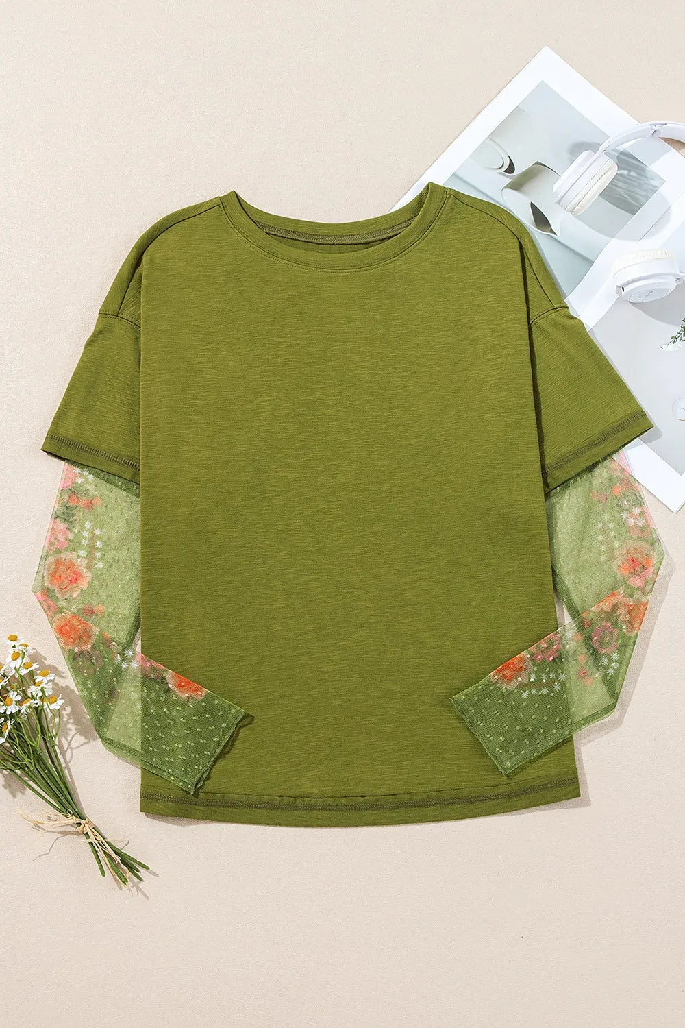Round Neck Mesh Long Sleeve T-Shirt