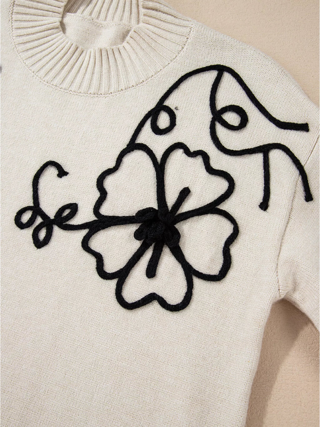 Flower Stitching Mock Neck Sweater