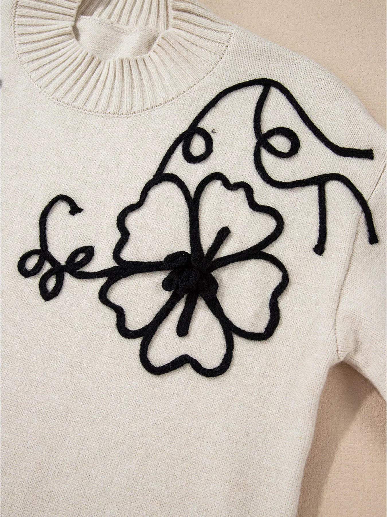 Flower Stitching Mock Neck Sweater