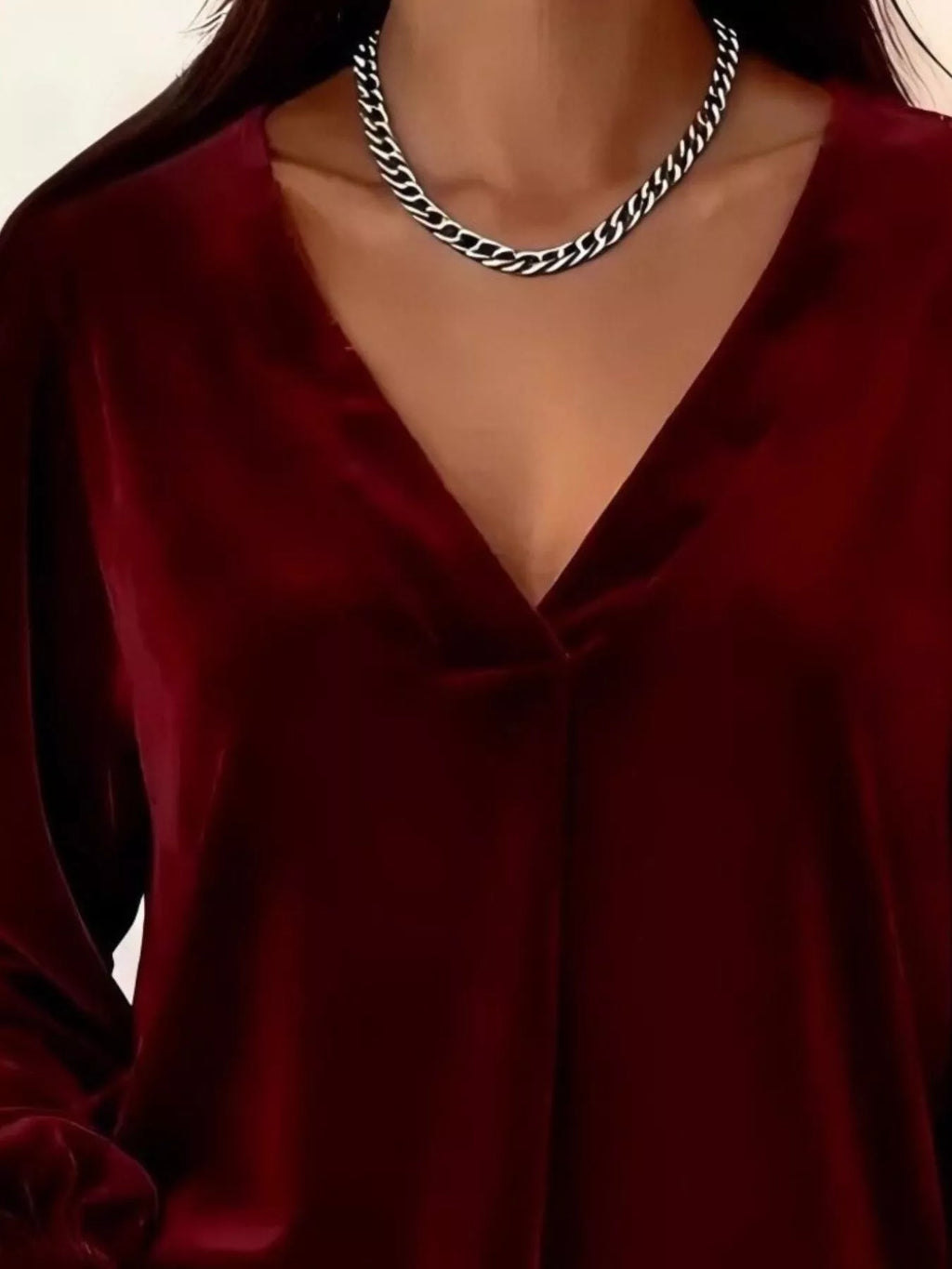 Full Size Velvet V-Neck Balloon Sleeve Blouse Plus Size