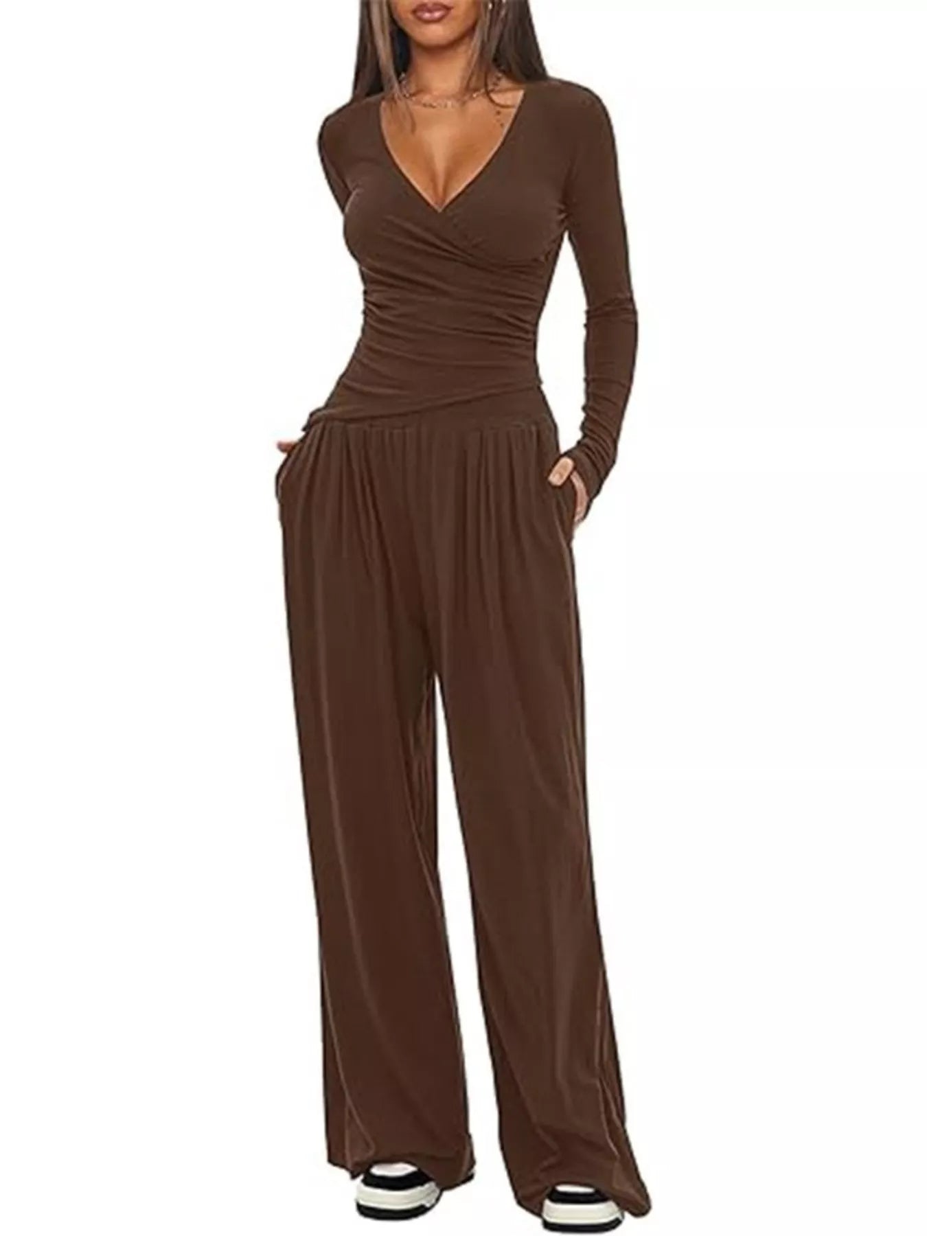 Casual Long Sleeve Top and Wide Leg Pants Set