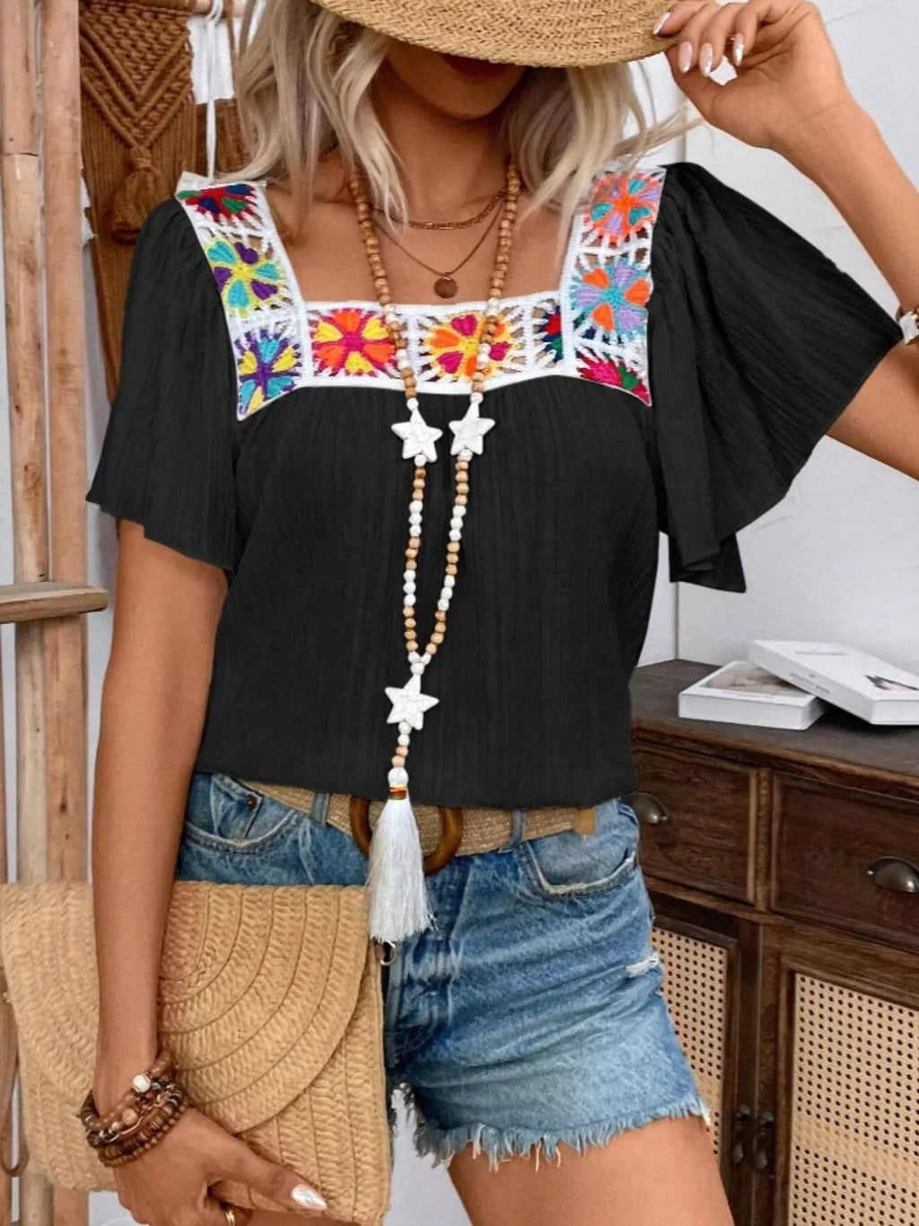 Embroidered Square Neck Flutter Sleeve Blouse