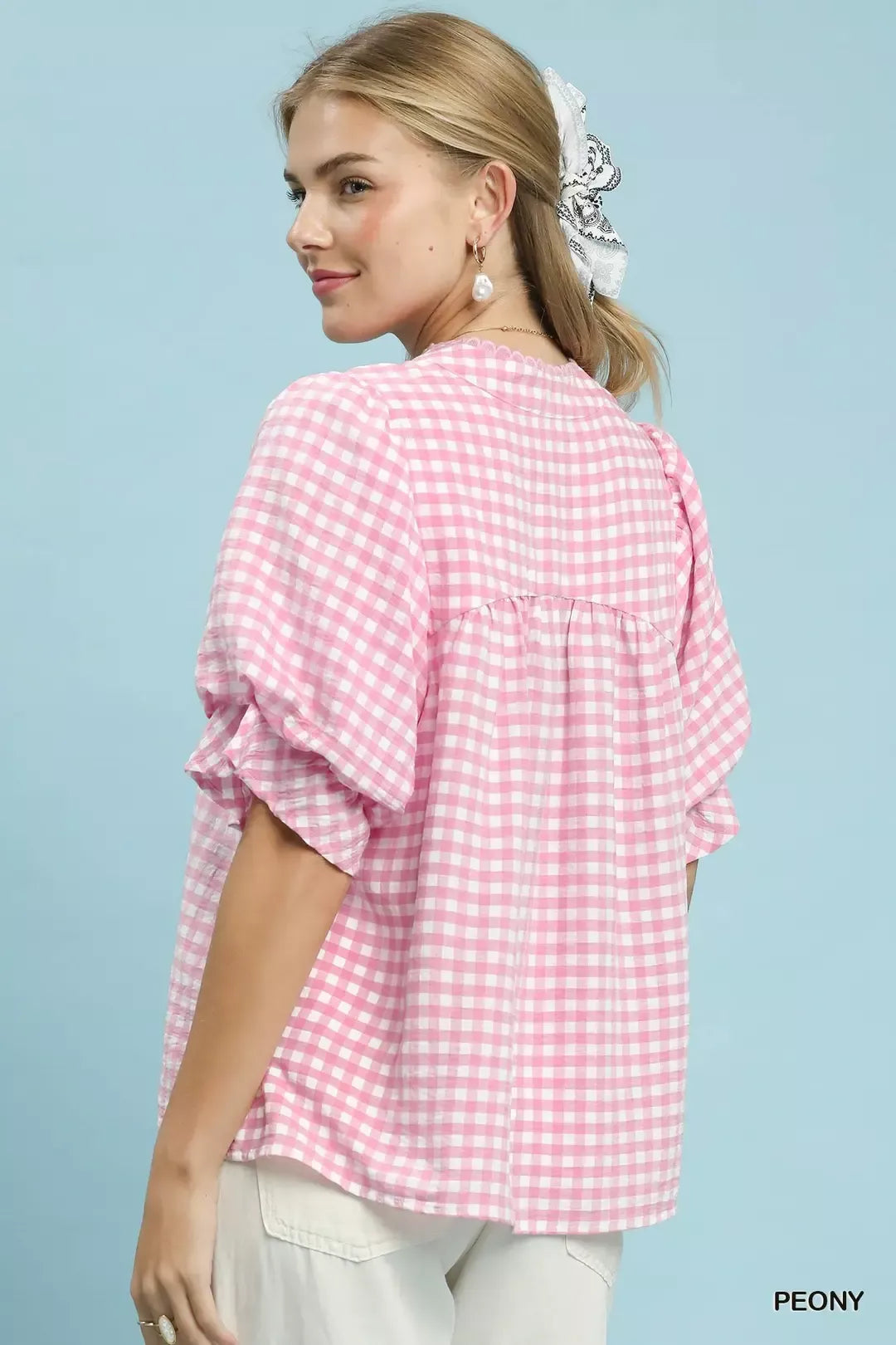 Umgee Gingham Check Blouse with Ruffle Sleeves