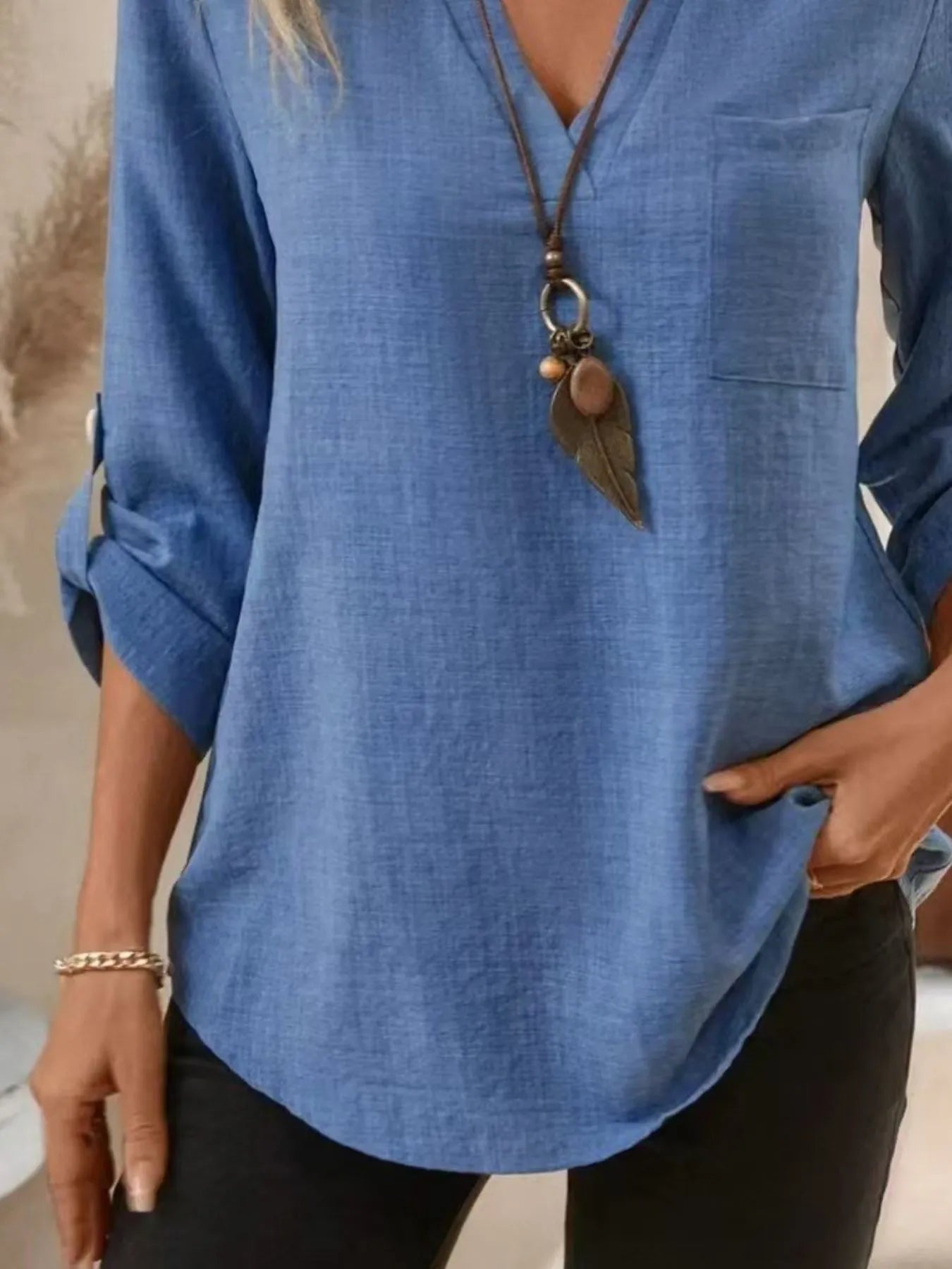 Casual Notched Roll-Up Sleeve Pocket Blouse