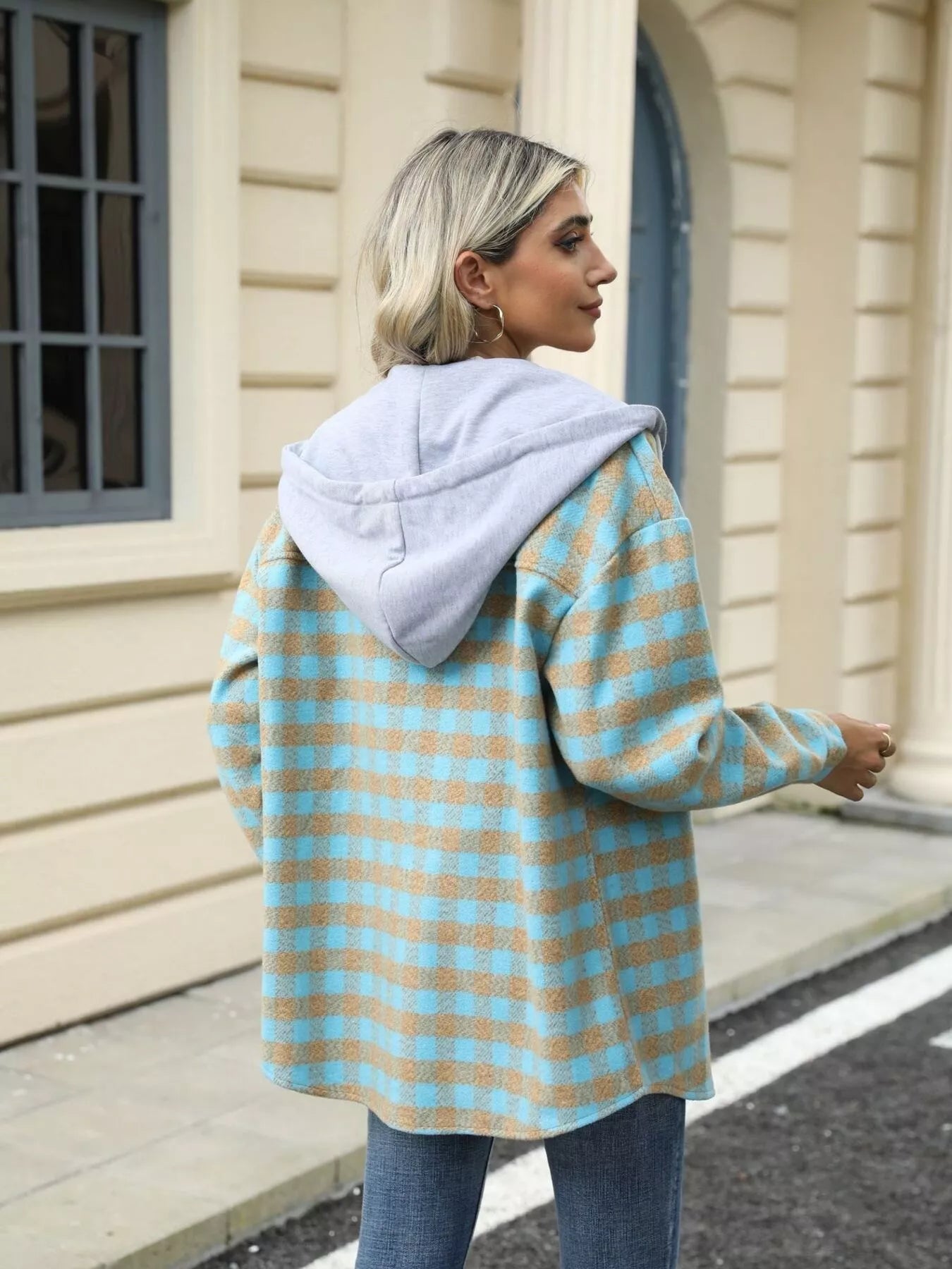 Plaid Button Up Long Sleeve Drawstring Hooded Jacket