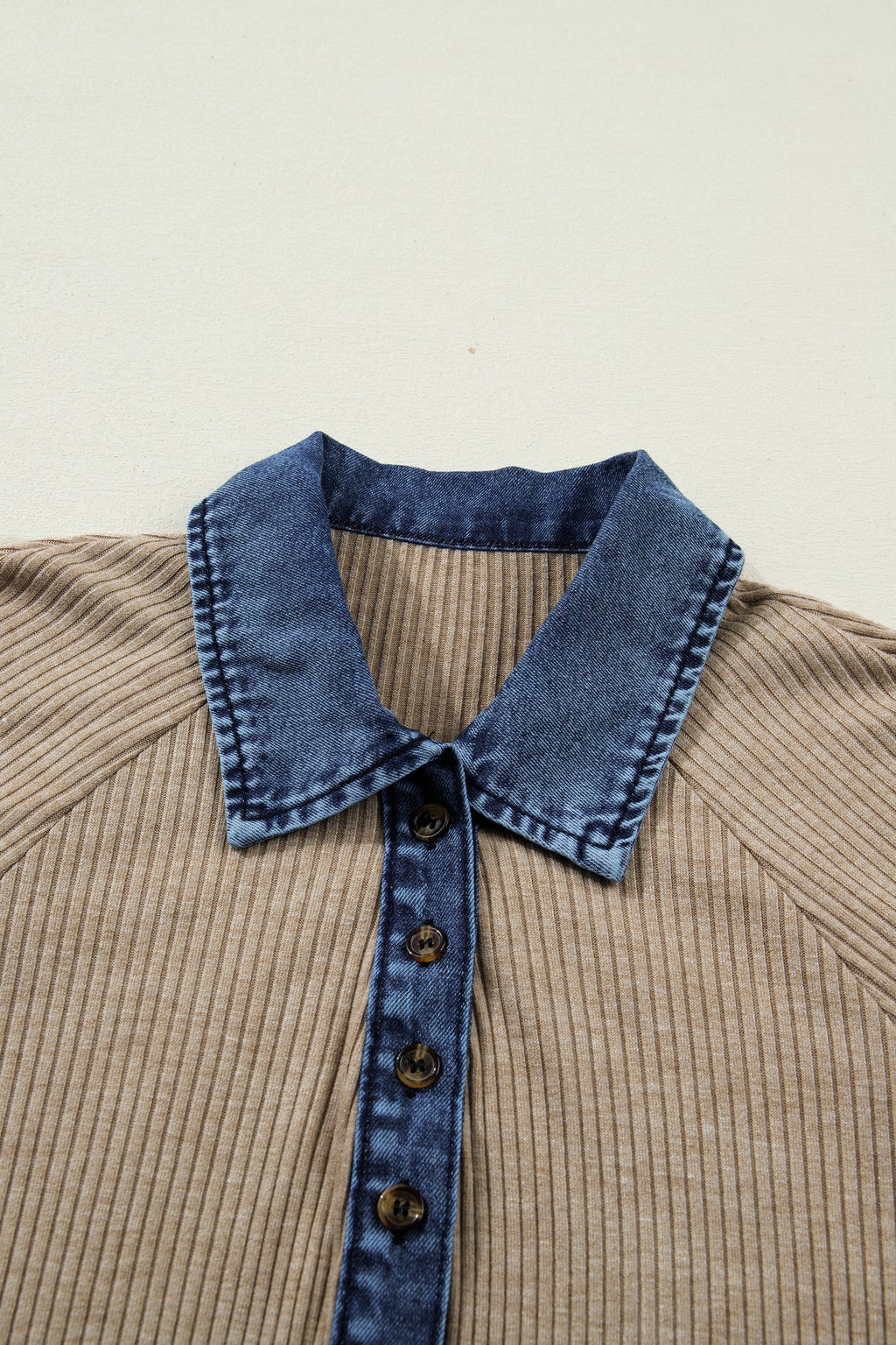 Denim Patchwork Ribbed Knit Polo Collar Top