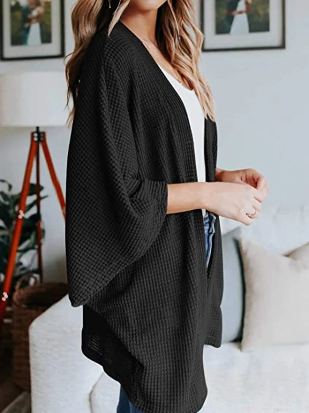 Full Size Open Front Waffle Knit Cardigan Plus Size