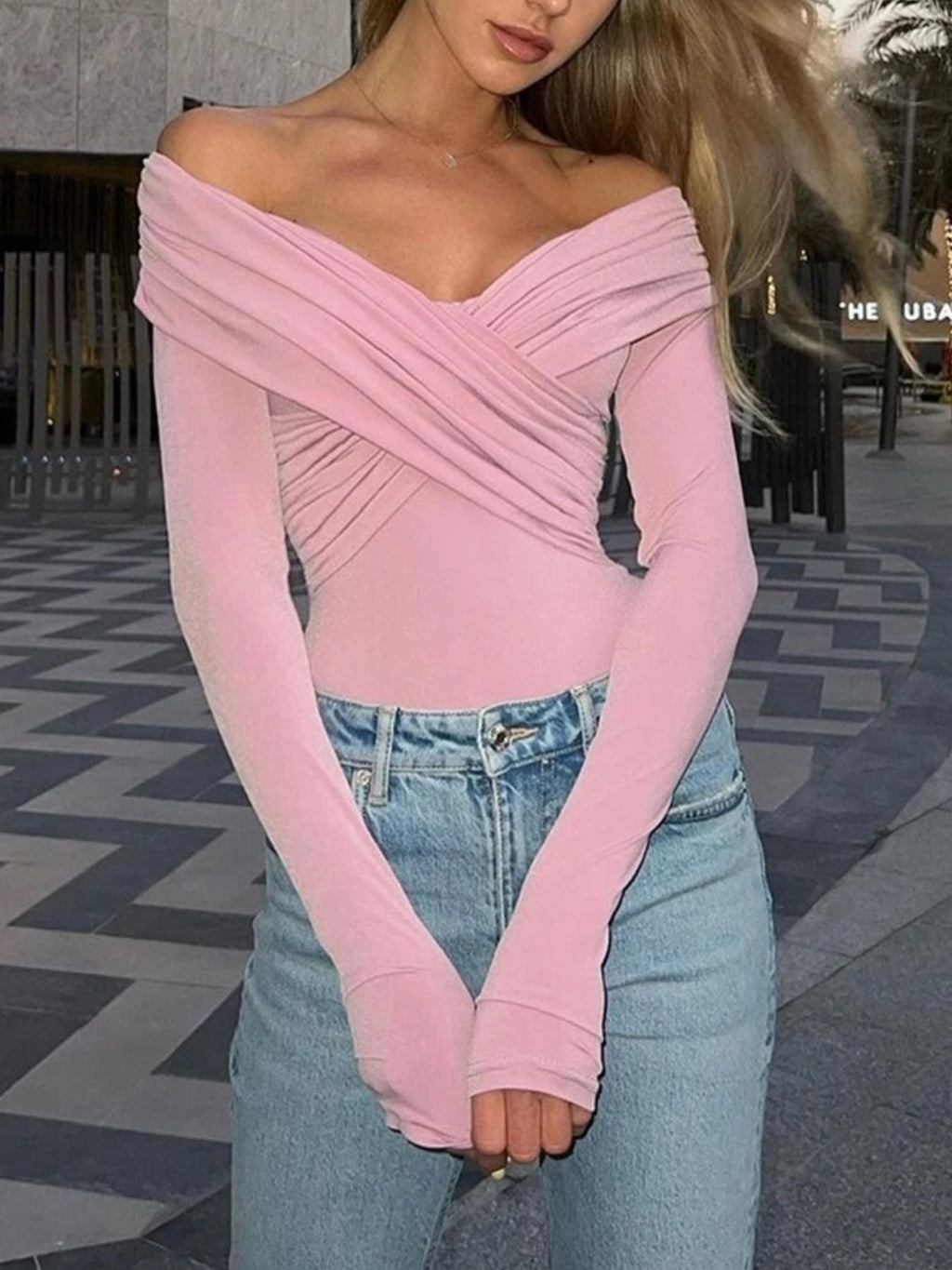 Off-Shoulder Ruched Long Sleeve Bodysuit