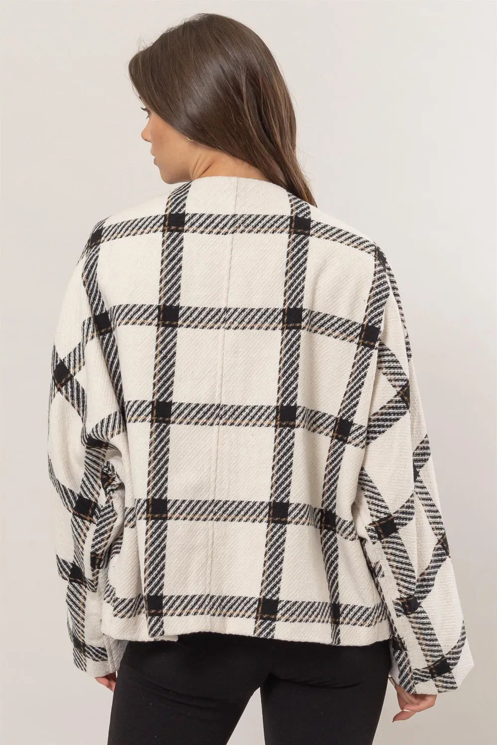 HYFVE Plaid Long Sleeve Jacket with Side Slit Pockets