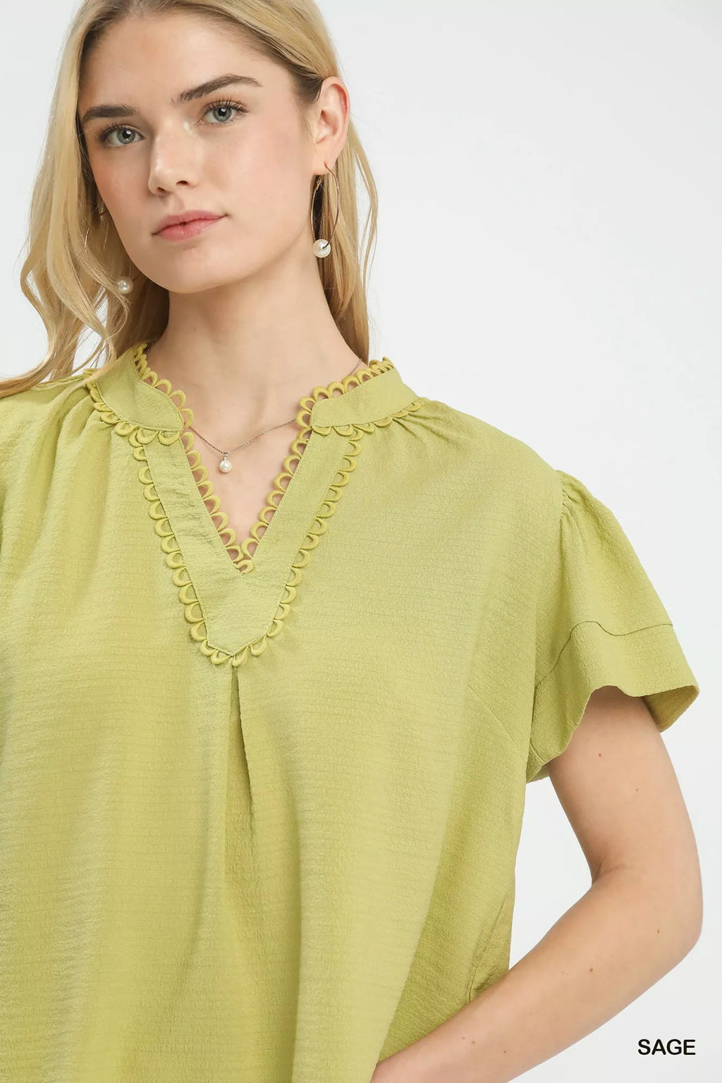 Umgee Seersucker Short Sleeve Top with Lace Trim
