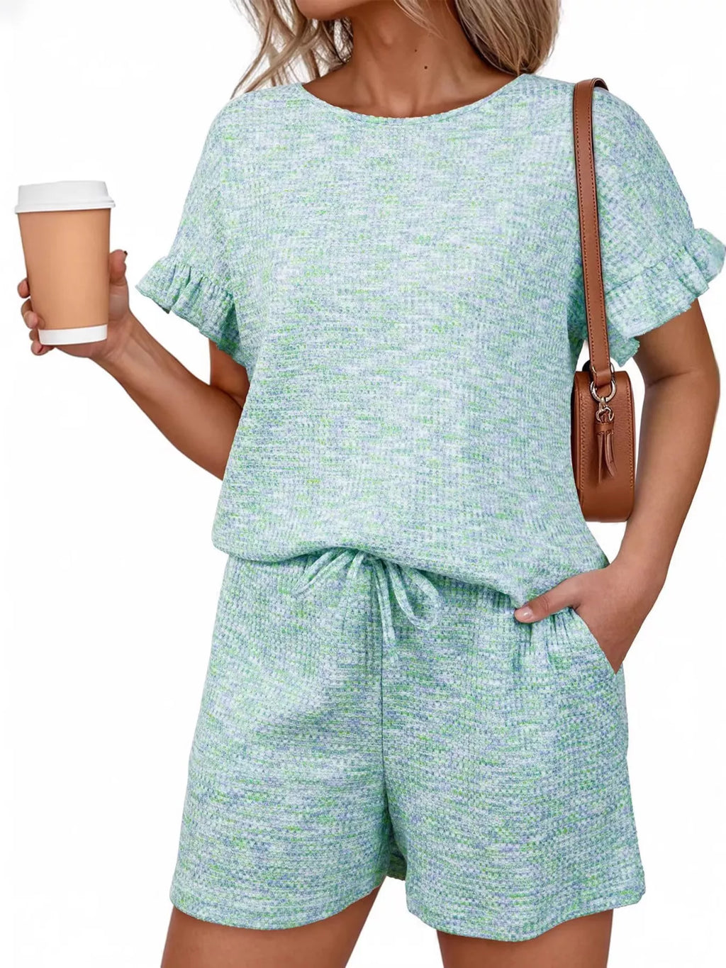 Ruffle Sleeve Textured Top and Shorts Set