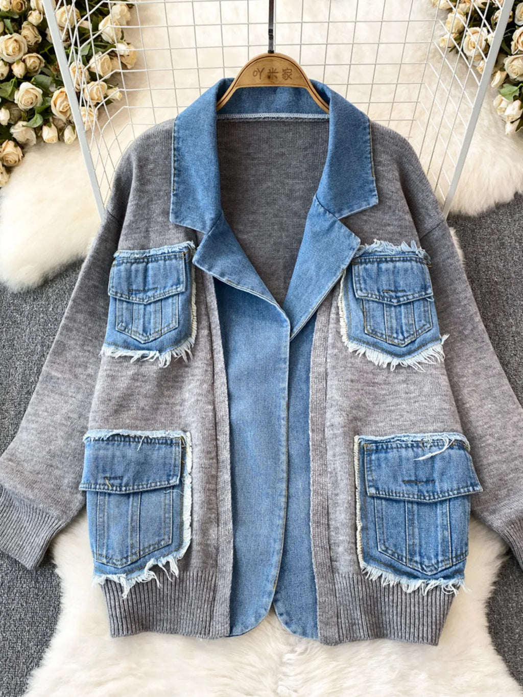 Raw Hem Denim Pocket Patchwork Cardigan