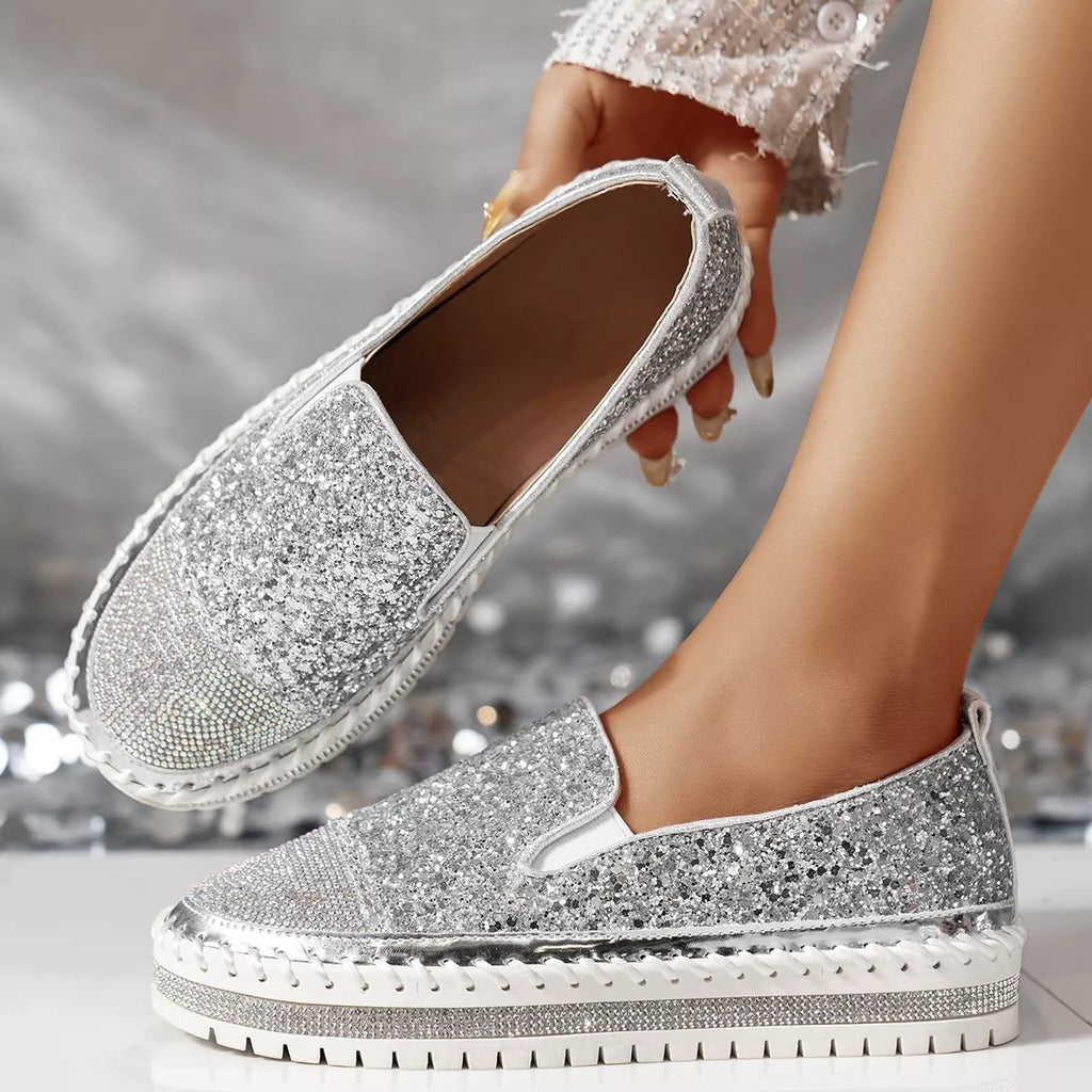 Rhinestone Sequin Round Toe Platform Loafers
